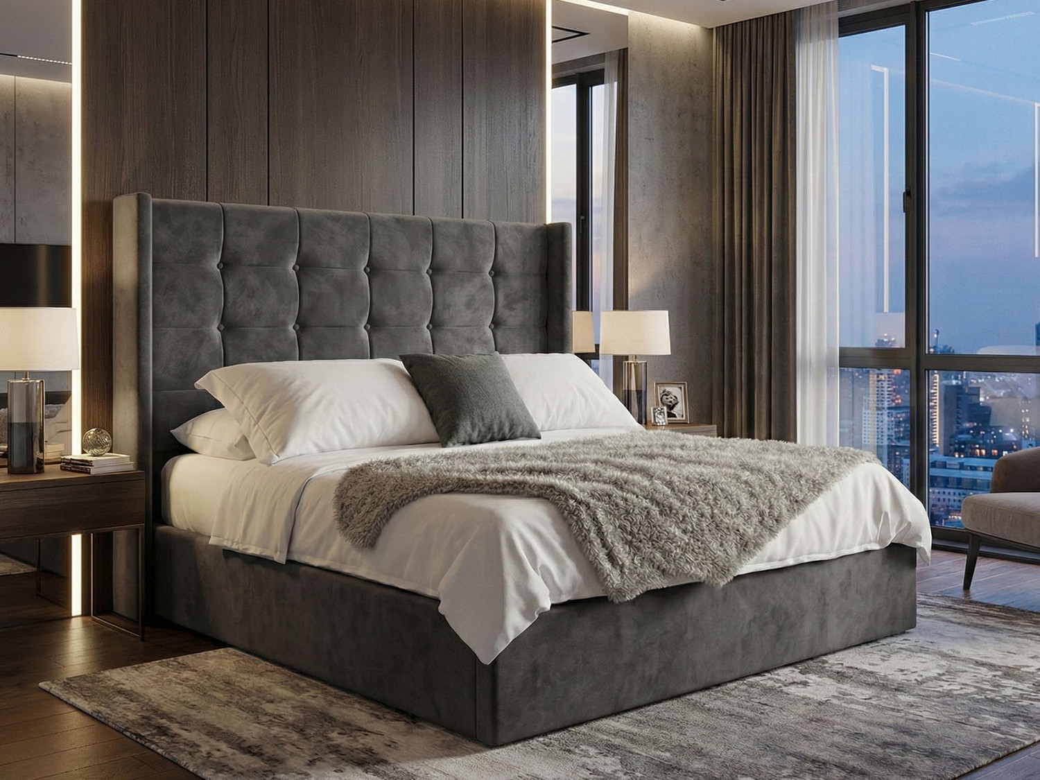 Georgia Ottoman Bed showcases a wing design and tufted accents, offering customizable button finishes and a contemporary low footboard.